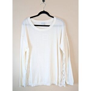 Davi & Dani White Lace Panel Sweater Sz L Romantic Feminine Elegant Sheer NWT